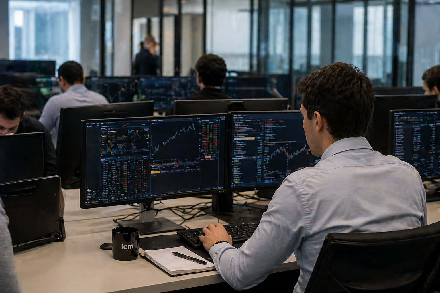 Equipo de alumnos y profesionales financieros trabajando